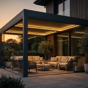 Premium aluminium veranda bij avond