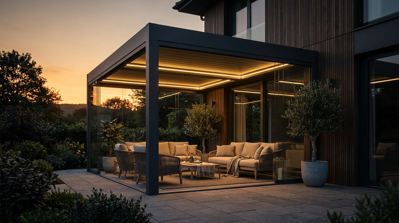 Premium aluminium veranda bij avond